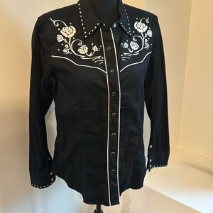 Women’s Black Western Button-Down Shirt with White Floral Embroidery